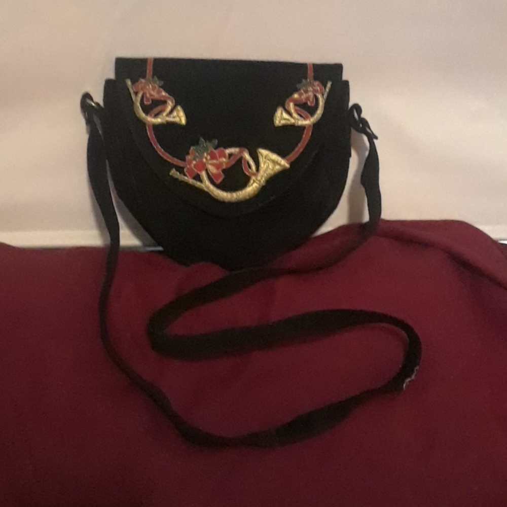 J. Renee black suede purse, Christmas themed.